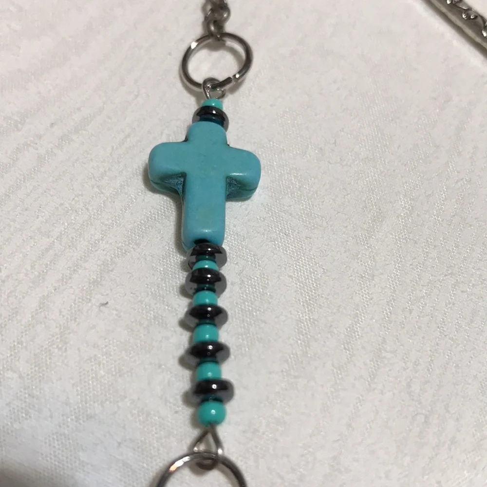 Metal Shepherds Hook Bkmk w/Chain & Turq Magnesite Gemstone,Glass, & Metal Beads